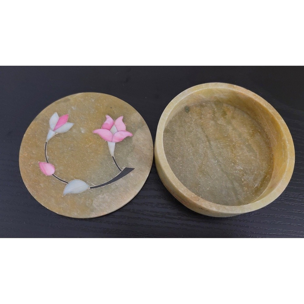 Vintage Marble Lotus Flower Mother of Pearl Inlay Decorative Jewelry Trinket Box